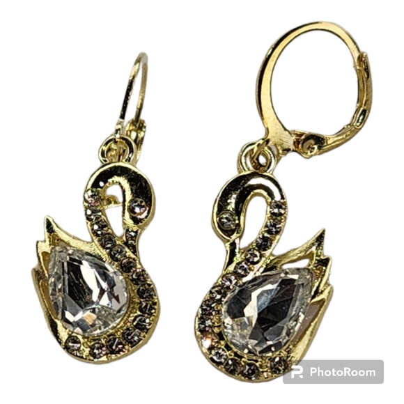 Elegant Gold CrystalSwan Earrings Pear Crystal Drop Earrings Trendy NWT - Picture 5 of 5